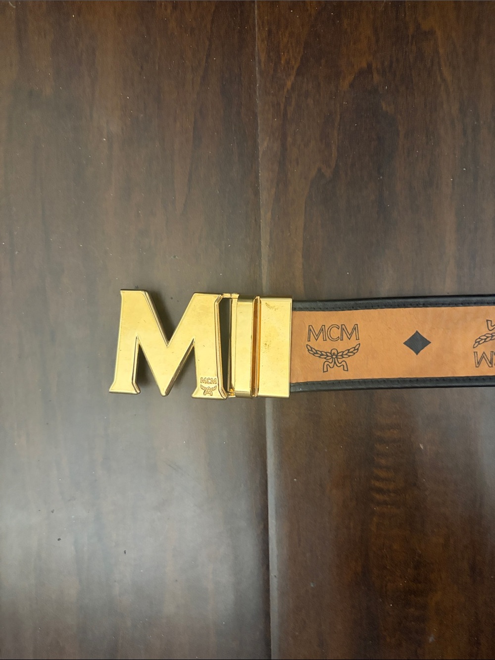 MCM Tan Leather Belt with Gold M Logo Buckle